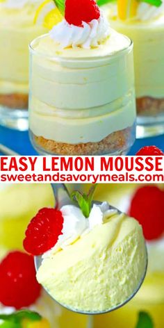 lemon mousse with whipped cream and raspberries on top is an easy dessert recipe