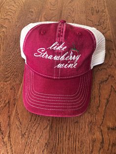 Like strawberry wine... can be embroidered on any hat in our shop! *The example in picture is dark red Comfort Color hat, snapback These can be unisex. ~NO RETURNS~ Lil Stitches Designs is not responsible for color differences that vary from monitor/screen compared to the actual product. Refunds will not be processed after 24 hours. Any defects in the product must be properly documented and noted within 3 business days. Photos of all products will be taken Lil Stitches Designs Prior to leaving s Summer Brimmed Cotton Trucker Hat, Summer Cotton Brimmed Trucker Hat, Cotton Brimmed Trucker Hat For Summer, Casual Red Cotton Trucker Hat, Adjustable Cotton Trucker Hat For Summer, Red Cotton Trucker Hat With Embroidered Logo, Summer Adjustable Trucker Hat With Embroidered Logo, Vintage Curved Bill Trucker Hat For Summer, Adjustable Trucker Hat With Embroidered Logo For Summer