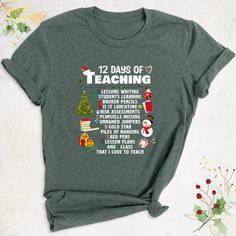 "Teacher Christmas shirt,12 Days of Teaching Christmas Shirt, Teacher Holiday tee, Teacher Life shirt, Christmas Gift Teacher, Teaching Shirt Hello, Thanks for your support. Your gladness comes first and all work is done with LOVE in here. Always keep your support, please:)  12 Days of Teaching Shirts are branded Bella+Canvas.   12 Days of Teaching Shirt Contents: - Solid colors: %100 Cotton. - Heather colors: %52 Cotton + %48 Polyester* This ultra-soft graphic tee is made from a comfortable cotton-poly blend that is breathable, non-shrinking, and lasts longer than your average graphic shirt. HOW TO ORDER YOUR 12 DAYS OF Teaching SHIRT -Please, Check and Review all 12 Days of TeacherShirt Photos. -Select Your 12 Days of Teaching T-Shirt Size and 12 Days of Teaching T-Shirt Color from drop- Teacher Shirts Christmas, Christmas Shirts For Teacher, Holiday Teacher Shirts, Christmas Teacher Shirts, Teacher Christmas Shirts, Teacher Costumes, Christmas Teaching, Daycare Teacher, Soft Graphic