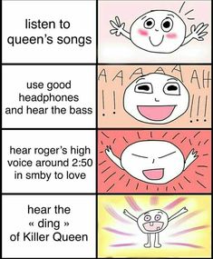 four different types of music with the words listen to queen's songs use good headphones and hear the bass