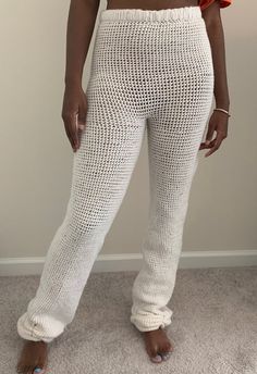 One of a kind stacked Crochet pants. Made with acrylic baby soft yarn. ** This is made to order** please allow  10 days to make... I will need measurements of waist, hips and length from waist down. Can be made in any color you choose. Back and leg pockets are optional. Please message me with any preferences:)Only available for extra small to medium sizes.. White Crochet Casual Bottoms, Handmade Fitted Bottoms For Summer, Handmade Fitted Summer Bottoms, Fitted Cotton Beach Pants, Casual White Crochet Bottoms, Fitted Cotton Pants For Beach, Fitted Cotton Pants For The Beach, Fitted Crochet Casual Bottoms, Fitted Casual Crochet Bottoms