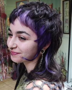 purple mullet • Instagram Emo Dyed Hair Ideas, Short Shaved Mullet, Pink And Black Mullet, Mullet With Color, Vivid Mullet, Punk Rock Haircut, Light And Dark Purple Hair, Purple Mullet Hair, Two Toned Mullet