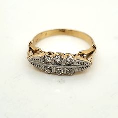 Antique 18kt Yellow and White Gold Diamond Ring Colored Stone Rings, Yellow Gold Bangle, Pearl And Diamond Ring, Gold Engraving, Gold Ring Sets, Gold Diamond Ring, White Gold Diamond Rings, Engraved Bracelet, Gold Bangle Bracelet