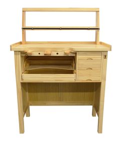 a wooden desk with an open drawer on top