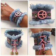 four pictures of different bracelets made with denim and metal beads, including the peace sign