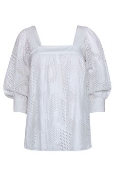 Look simply sweet in this darling blouse from Milly. Crafted from 100% crisp white cotton, this charming top features embroidered eyelet designs in a playful geometric pattern. Style this feminine gem with blue jeans and a brown woven slide for an effortless weekend look! Shell 100% Cotton Combo 75% Cotton, 20% Polyamide, 5% Elastane Lining 100% Cotton Made in USA Square neckline Button keyhole at neck Buttoned cuffs 3/4 length sleeves Bust 33" Waist 42" Shoulder to hem 26" Sleeve length 19.5" Eyelet Sweater, Buy Shoes Online, White Eyelet, Cotton Blouse, Square Necklines, Luxury Shop, Cotton Blouses, Contemporary Fashion, Creative Fashion