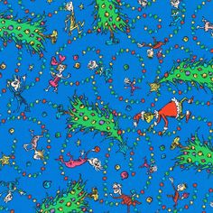 a blue background with lots of cartoon characters and christmas trees on the bottom right corner