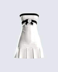 A classy look that is also sassy > 😍 Give everyone a reminder that you are top tier in this white strapless mini dress. Complete with a contrast trim, rosette trim, zipper at the side seam, and pleat details  🤍 White Strapless Mini Dress, Korea Clothes, Closet Outfits, Mha Dr, Dr Marvel, 2025 Fashion, Strapless Mini Dress, Stage Outfits, Lookbook Outfits