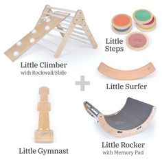 the contents of a wooden toy set including a little climbr, little rockerer and little gym pad