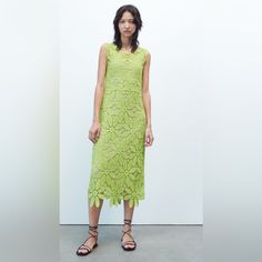 Zara Macram Knit Dress Beautiful Green Knit Midi Dress For Spring, Chic Green Lace Dress For Summer, Chic Lace Dress With Crochet Details, Chic Knee-length Crochet Dress For Spring, Casual Lace Crochet Dress, Elegant Spring Crochet Dresses, Elegant Crochet Dresses For Spring, Elegant Midi-length Open Knit Crochet Dress, Chic Crochet Lace Midi Dress