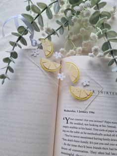 an open book with lemon slices on it next to some flowers and leaves in the background