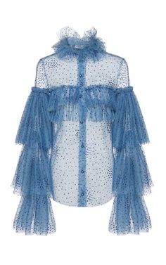 Ruffled Sheer Tulle Top by Costarellos Fall Winter 2018 Blue Sheer Top, Tulle Tops, Sheer Sleeves Top, Tulle Top, Flounce Top, Top Moda, Layered Tops, Photoshoot Outfits