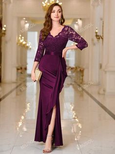 MIUSOL Vestido longo de festa formal de cetim com babado de renda contrastante no decote em V | SHEIN Brasil Dress Pesta, Colorful Dresses Formal, Beautiful Casual Dresses, Party Frocks, Desi Fashion Casual, Evening Dresses For Weddings, Desi Fashion, Bottom Clothes, Model Dress