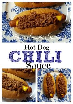 hot dog chili sauce on a bun with corn in the middle and two other pictures