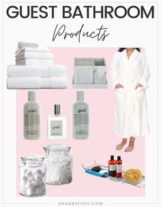 a woman in a bathrobe surrounded by various products and items that are labeled guest bathroom products