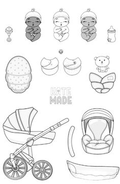 a baby's carriage and its accessories are shown in this hand drawn outline set