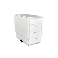 a white filing cabinet with three drawers on wheels