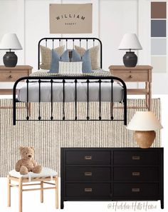 a bedroom with white walls, black bed frame and brown dresser next to lamp shades