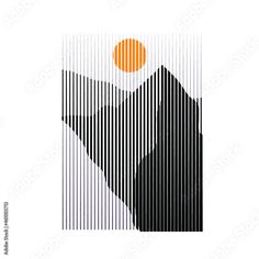 a mountain with an orange sun in the middle and black lines on it's sides