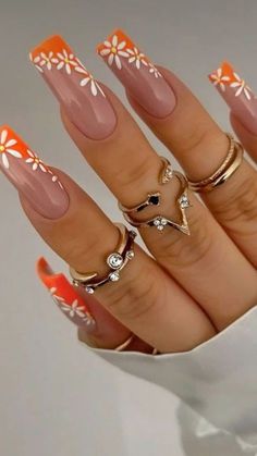 Orange Colour Nail Art, Orange And White Nails, Mama Nails, Bright Orange Nails, Nail Summer, Bright Summer Nails, Spring Nail Designs