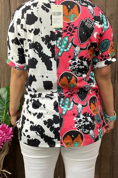 Top features half western prints & cow prints with short sleeves. True to size. Sizes range from regular to plus size to meet different requests. Wholesale Online/Physical store suppliers in the USA, Sameday/next workday shipment. Black Western Style Tops For Summer, Black Western Tops For Summer, Western Style Short Sleeve Summer Tops, Black Western Style Summer Tops, Western Style Short Sleeve Tops With Graphic Print, Western Style Short Sleeve Graphic Print Tops, Trendy Cow Print Top For Summer, Casual Short Sleeve Cow Print Tops, Summer Cow Print Short Sleeve Tops