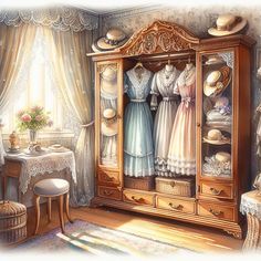 a painting of a dressing room with dresses and hats on the shelves, an armoire in front of a window