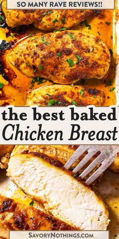 the best baked chicken breast recipe is in this postcard with text overlay that reads, the best baked chicken breast