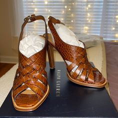 Ralph Lauren Tamara Brown Embossed Sandal - Never Worn. Elegant Brown Woven Leather Sandals, Elegant Brown Woven Leather Heels, Formal Woven Leather Heels With Open Heel, Elegant Brown Heels With Woven Leather, Formal Woven Leather Open-heel Heels, Open Toe Woven Leather Heels, Formal Brown Sandals With Woven Leather, Formal Woven Leather Sandals With Open Heel, Formal Woven Leather Heels