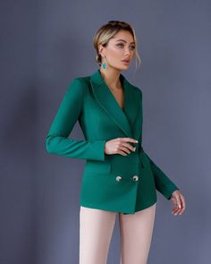 Classy Old Money Style Blazer for Women, Green Formal Buttoned Blazer for Women, Business Casual Blazer Woman - Etsy Double Breasted Long Sleeve Career Suit, Elegant Green Blazer With Lapel Collar, Elegant Double Breasted Suit For Career, Elegant Green Blazer For Business Casual, Fitted Career Double Breasted Suit, Double-breasted Career Suits With Buttons, Green Blazer With Hidden Buttons For Office, Green Office Blazer With Hidden Button Closure, Fitted Double-breasted Career Blazer