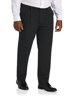 The same great fit and style you love from our best-selling Gold Series, now under a new label. Exclusively available at DXL in sizes that fit and flatter the Big and T​all man, these classic dress pants have been redesigned with a more modern style and updated measurements to ensure little to no alterations. The classic pleated style has a bit of stretch and a lustrous sheen for a more dressy, contemporary look. Hidden expandable Waist-Relaxer insets add up to four inches and the 32" inseam ​ca Black Relaxed Fit Dress Pants For Formal Occasions, Black Pants With Relaxed Fit And 5-inch Inseam, Classic Black Pleated Pants, Classic Black Relaxed Fit Dress Pants, Black Pleated Bottoms For Business Casual, Tailored Black Pleated Pants, Black Straight Leg Pleated Pants, Black Straight-leg Pleated Pants, Black Pleated Tapered Leg Pants