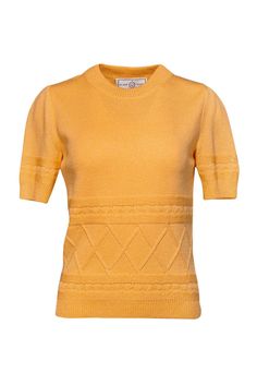 Current Boutique-St. John Sport - Yellow Knit Top Sz P Yellow Fitted Crew Neck Top, Fitted Cotton Knit Top For Work, Chic Yellow Stretch Tops, Yellow Tops For Workwear In Fall, Yellow Tops For Fall Workwear, Yellow Textured Knit Crew Neck Top, Fitted Mustard Top For Work, Mustard Fitted Tops For Work, Yellow Fitted Knit Top For Fall