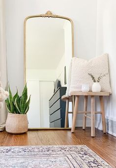 a large mirror sitting on top of a wooden floor next to a potted plant