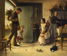 a painting of a man and two children in a kitchen with a cat on the floor