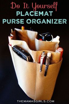 a purse that has some pens and pencils in it with the words do it yourself