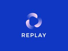 the logo for replay is shown on a blue background with white letters and an oval shape