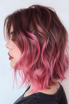 Pink Ombre Hair Color Idea. Ombre Coloured Hair, Pink Fade Hair, Brown To Color Ombre Hair, Shoulder Length Pink Hair, Ombre Hair With Fringe, Pink Hair Brown Roots, Brown To Pink Ombre Hair, Berry Pink Hair, Brown To Pink Ombre