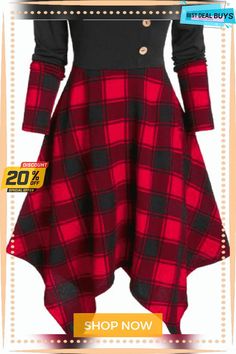 Casual Cowl Neck Checked/plaid Long Sleeve Knitting Dress Day Dresses Casual Summer, Dress Grunge, Asymmetrical Dresses, Cheap Dresses Casual, Red Plaid Dress, Party Sweaters, Summer Plaid, Dress Tight, Handkerchief Dress