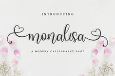 the handwritten font and flowers are featured in this floral display with pink petals on white background