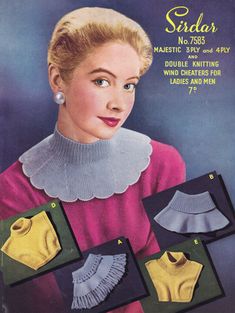 a woman in pink sweaters and white collared shirt with ruffled neckline