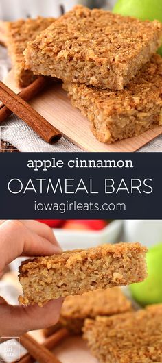 apple cinnamon oatmeal bars are stacked on top of each other and ready to be eaten