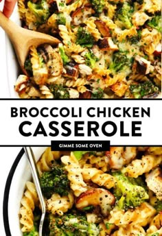 broccoli chicken casserole in a white bowl with a wooden serving spoon