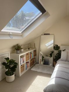 a bedroom with a skylight above the bed and bookshelves on the shelves