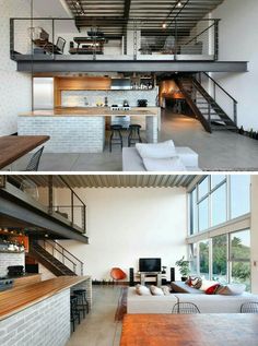 two pictures of a living room and kitchen with stairs leading up to the second floor