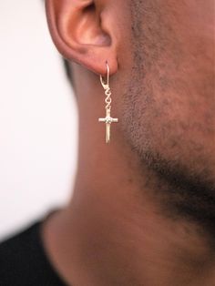 "Solid 14K Gold dangle earrings with cross charm long or short - single earring / a pair or mismatched - unisex earrings, mens earrings, womens earrings. These are dangling cross earrings featuring 16 mm cross charm. Cross charm has a smooth reflective finish and a \"3D\" effect rope accent. These dangle earrings have a secure and comfortable lever back closure. These are unisex earrings and suitable for men or women. You can choose to buy 1 EARRING or A PAIR in 2 different lengths, or go for a Dangle Earrings Men, Mens Dangle Earrings, Gold Cross Earrings, Dangle Cross Earrings, Earrings Mens, Mens Earrings, Earrings Men, Earrings Cross, Unisex Earrings