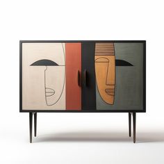 a cabinet with two faces painted on it