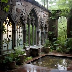 Gorgeous water element in a Victorian Gothic patio. Gothic House Exterior Victorian Cottage, Victorian Gothic Garden, Gothic Cottage Exterior, Gothic Castle Exterior, Gothic Gazebo, Greenhouse Castle, Gothic Backyard, Gothic Courtyard, Gothic House Aesthetic