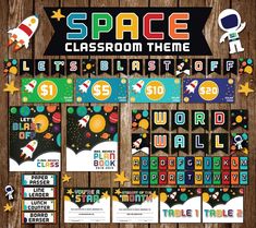 the space classroom theme is shown in this printable poster and bookmarks for children's birthdays