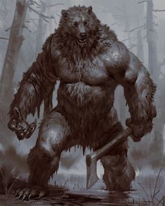 Werebear Art Character Design, Werebear Dnd, Beastman Fantasy Art, Werebear Character Design, Fantasy Monster Concept Art, Werebear Art, Werewolf Concept Art, Fantasy Monster Art, Fantasy Barbarian