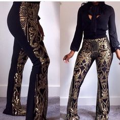 High Waist Pants,Embroidered In Sequins W/Zipper In Back, Has Stretch. Gold Sequined Bottoms For Fall, Embroidered Black Party Bottoms, Spring Festive Embroidered Bottoms, Chic Embroidered Fitted Bottoms, Embroidered Fitted Bottoms For Party, Festive Black Sequin Bottoms, Elegant Black Embroidered Bottoms, Elegant Embroidered Black Bottoms, Fitted Embroidered Black Bottoms