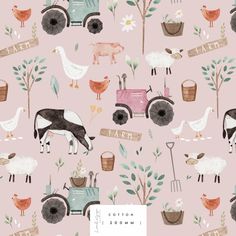 a pink wallpaper with farm animals, chickens and tractors in the middle of it